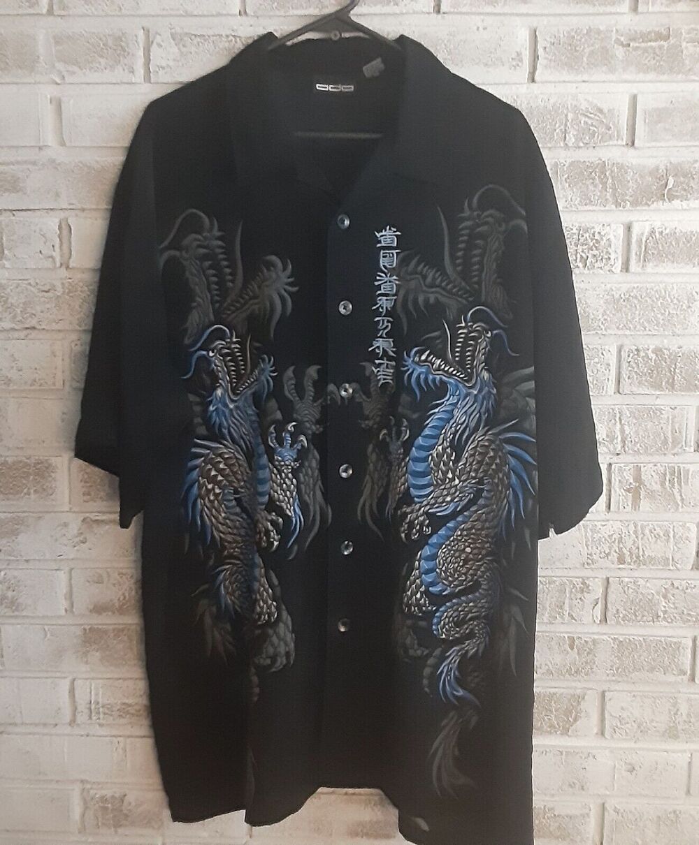 Vintage odo Korean Graphic Button Up Sz XXL Dragons Cool